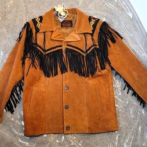 Tan Suede Jacket with Black Fringe and Beaded Epaulets Vintage NWT